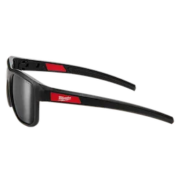 Full Frame Safety Glasses with Removable Side Shields – Silver Mirrored Anti-Scratch Lenses feature a black frame with red accents. They offer eye protection with anti-scratch mirrored lenses and removable side shields for additional safety.