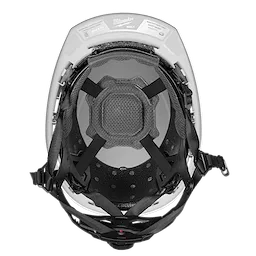 BOLT™ White Front Brim Safety Helmet with 4pt Ratcheting Suspension - Type 2, Class E. The image shows the interior of the helmet, including adjustable black straps and a cushioned center pad for comfort. The helmet is designed for enhanced safety, fitting over the head securely.