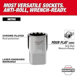 This image shows a 12PT Standard Metric Socket which is chrome-plated for rust protection, has laser-engraved markings, and features four flat sides to prevent rolling. The text highlights its versatility and wrench-readiness, with a lifetime guarantee mentioned.