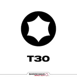 The image features a SHOCKWAVE™ T30 Tip Type, displaying its distinctive star-shaped design inside a black circle. Below the symbol is the label "T30" in bold black text. At the bottom, the SHOCKWAVE Impact Duty logo is visible.