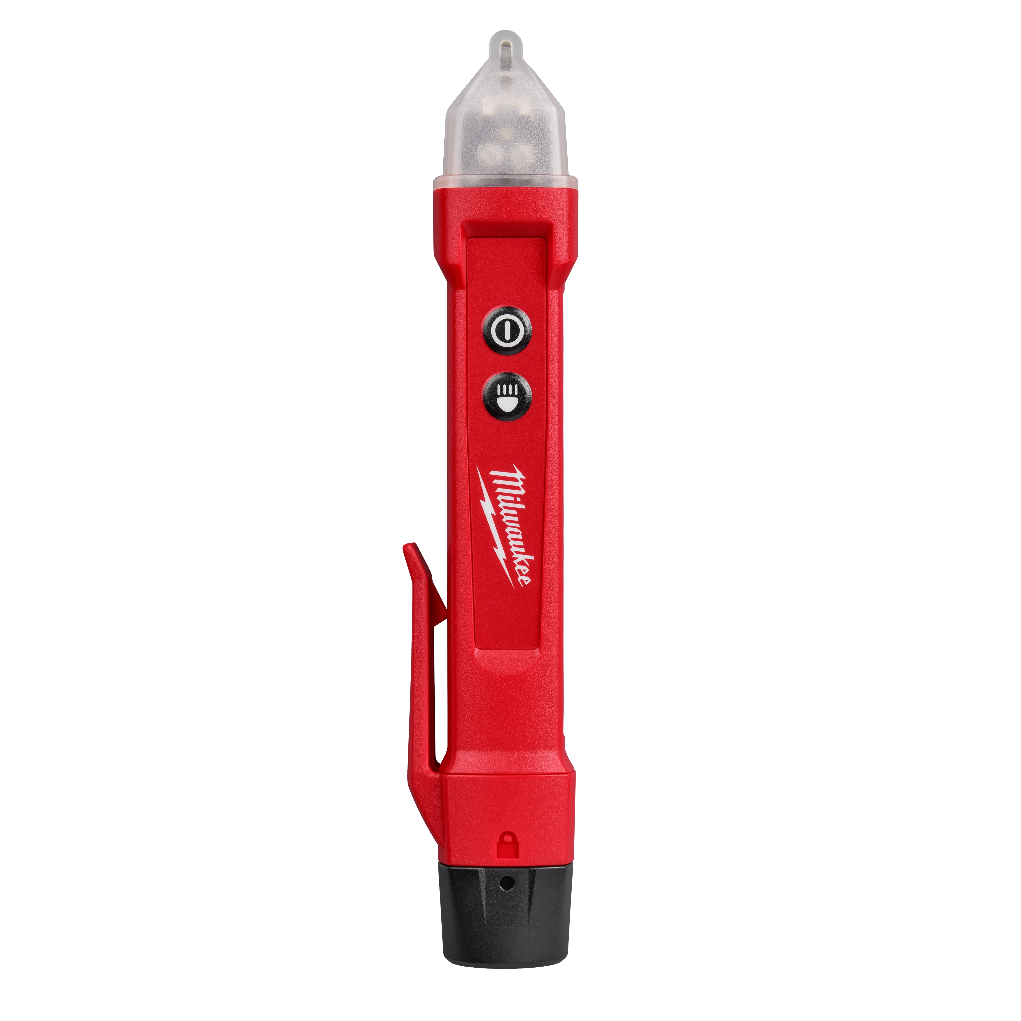 Milwaukee voltage detector pen, red with black tip, side clip, two buttons for power and LED flashlight feature.