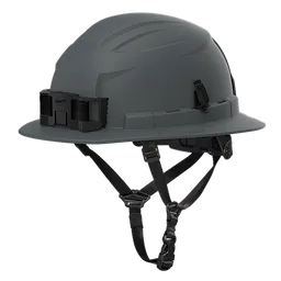BOLT™ Grey Full Brim Safety Helmet Type 2, Class E features a 4-point ratcheting suspension system. The helmet is dark grey with a wide brim, secure straps, and an attachment point for accessories. Designed for enhanced protection and comfort in various work environments.