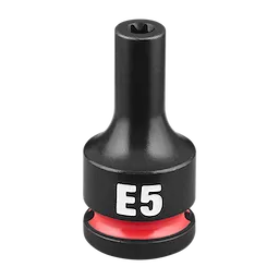 The SHOCKWAVE Impact Duty 3/8" Drive E-Torx E5 Bit Socket is a black tool with a red band near the base and "E5" marked in white. It is designed for high impact applications and fits 3/8" drive systems.
