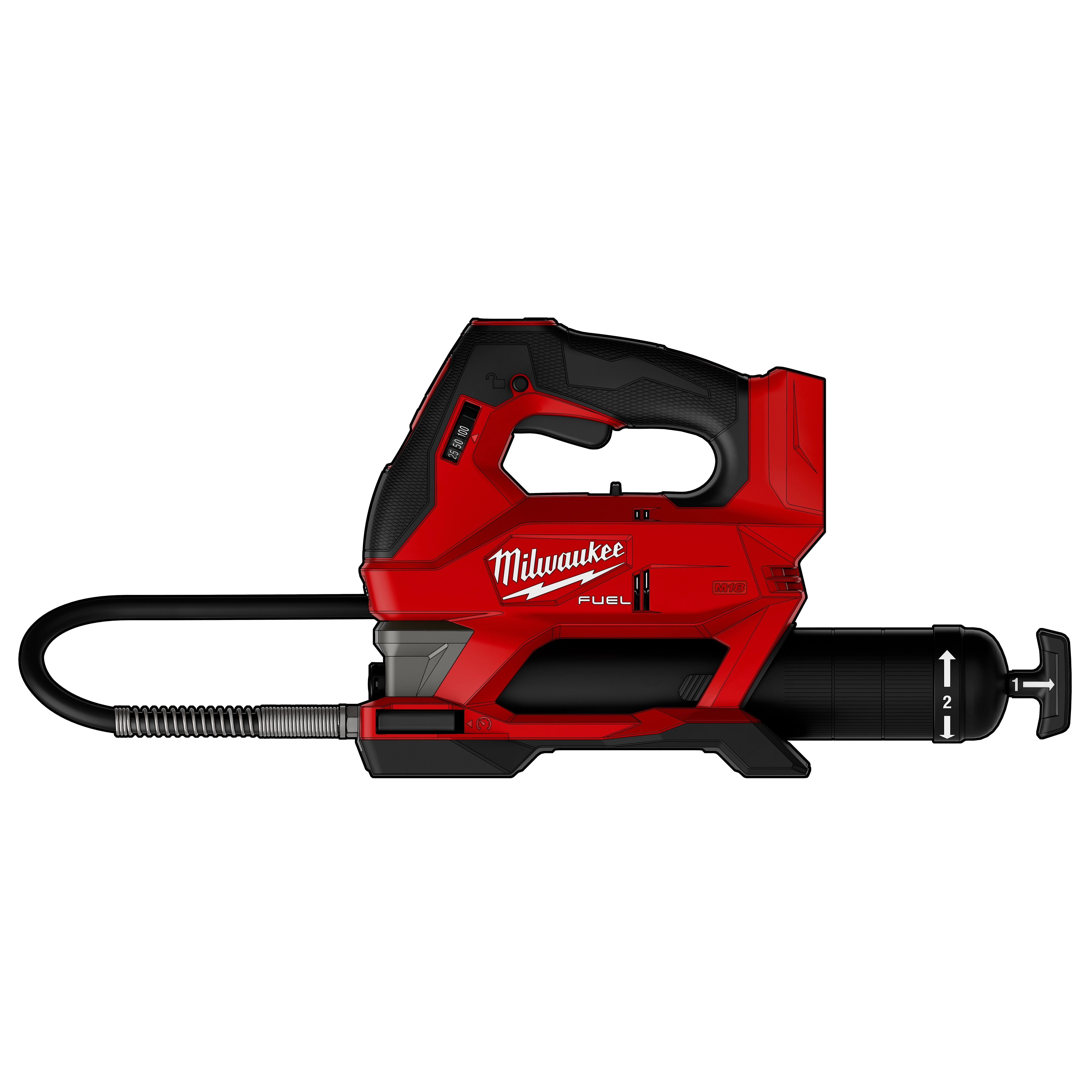 Side view of a red handheld M18 FUEL Cordless Grease Gun with hose and nozzle against a plain background.