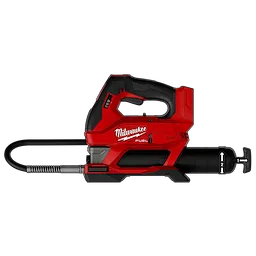 Side view of a red handheld M18 FUEL Cordless Grease Gun with hose and nozzle against a plain background.