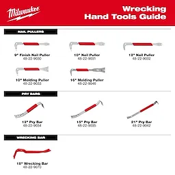 Milwaukee Wrecking Hand Tools Guide displays various tools, including nail pullers, pry bars, and a wrecking bar. Tools are shown with their sizes and part numbers: nail pullers range from 9" to 16", pry bars from 12" to 21", and an 18" wrecking bar, emphasizing their red handles.