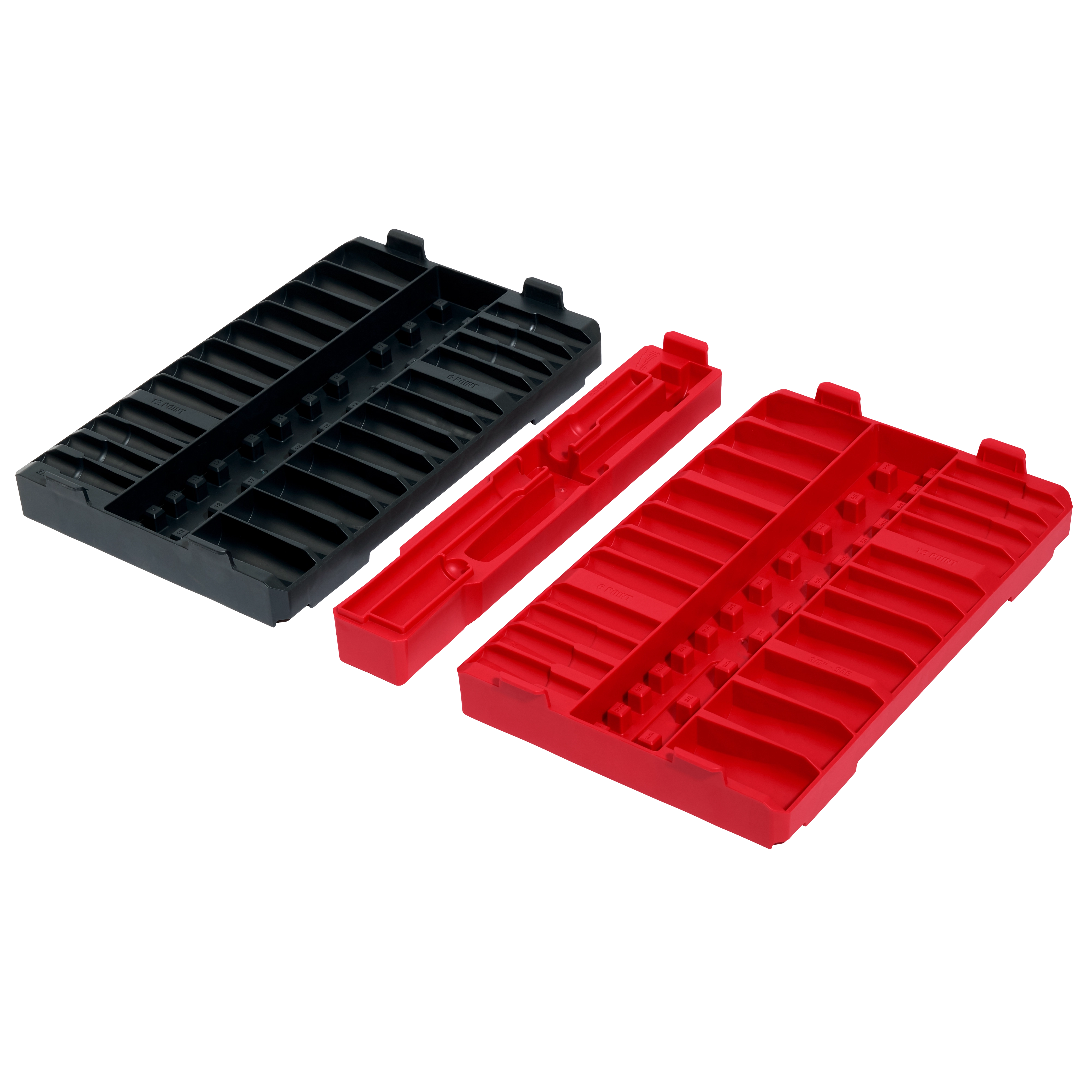 This image shows a 98pc 3/8" 6-Point and 12-Point Metric & SAE Ratchet & Socket Set with PACKOUT™ Low Profile Organizer. The set includes two organizer trays, one black and one red, with slots for holding sockets and ratchets.