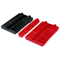 This image shows a 98pc 3/8" 6-Point and 12-Point Metric & SAE Ratchet & Socket Set with PACKOUT™ Low Profile Organizer. The set includes two organizer trays, one black and one red, with slots for holding sockets and ratchets.