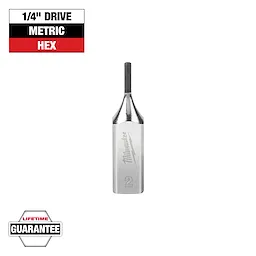 This image shows a Milwaukee 1/4" Drive Metric Hex bit with a silver body and black tip. The tool is labeled "2" and includes text indicating a lifetime guarantee.