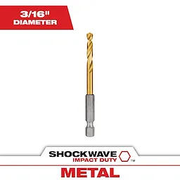 SHOCKWAVE 3/16 in. Titanium Twist Drill Bit features a gold-colored titanium coating for durability and performance. It is labeled for metal drilling and has a hex shank for secure grip in impact drivers. Product diameter is 3/16 inch, suitable for various drilling applications.