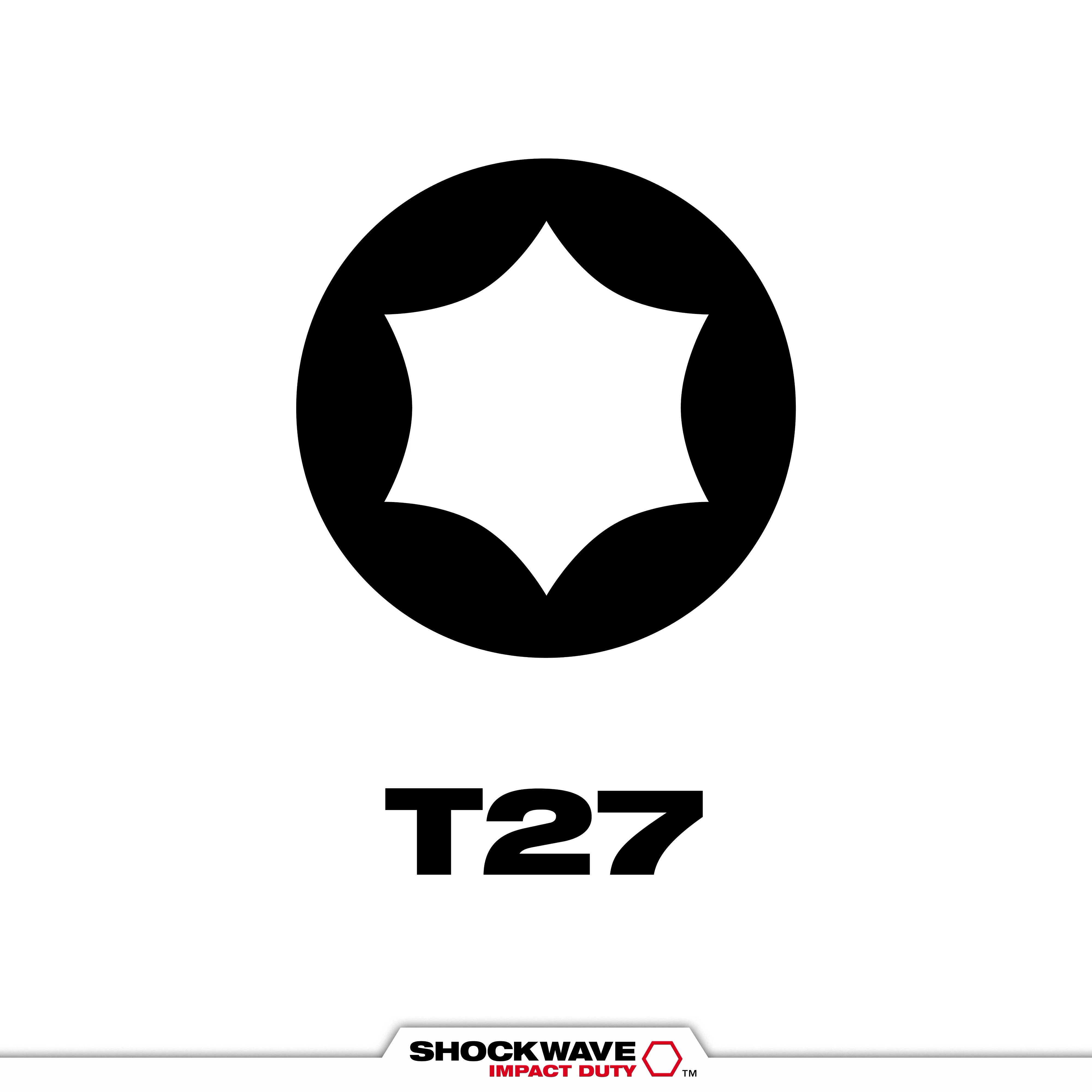 The image shows a SHOCKWAVE™ T27 Tip Type, featuring a Torx-style star-shaped tip. The T27 size is displayed below the symbol, with the SHOCKWAVE IMPACT DUTY™ logo at the bottom.
