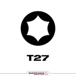 The image shows a SHOCKWAVE™ T27 Tip Type, featuring a Torx-style star-shaped tip. The T27 size is displayed below the symbol, with the SHOCKWAVE IMPACT DUTY™ logo at the bottom.