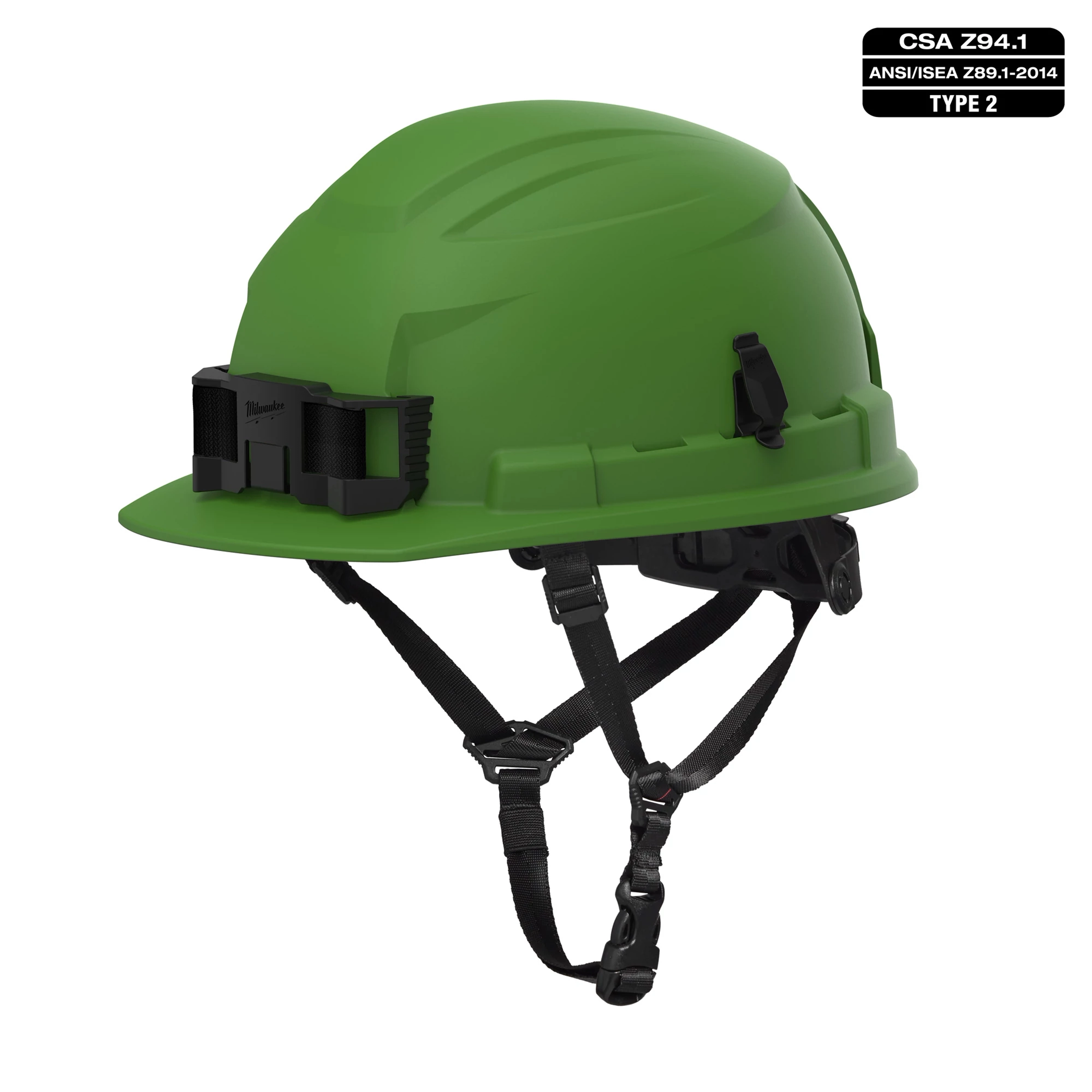 BOLT 4PT Green Front Brim Non-Vented Safety Helmet - Type 2, Class E, features a green shell, adjustable straps, and headlamp clips.