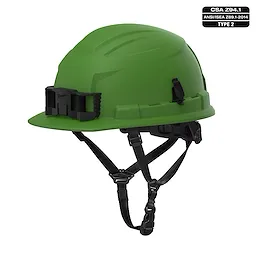 BOLT 4PT Green Front Brim Non-Vented Safety Helmet - Type 2, Class E, features a green shell, adjustable straps, and headlamp clips.