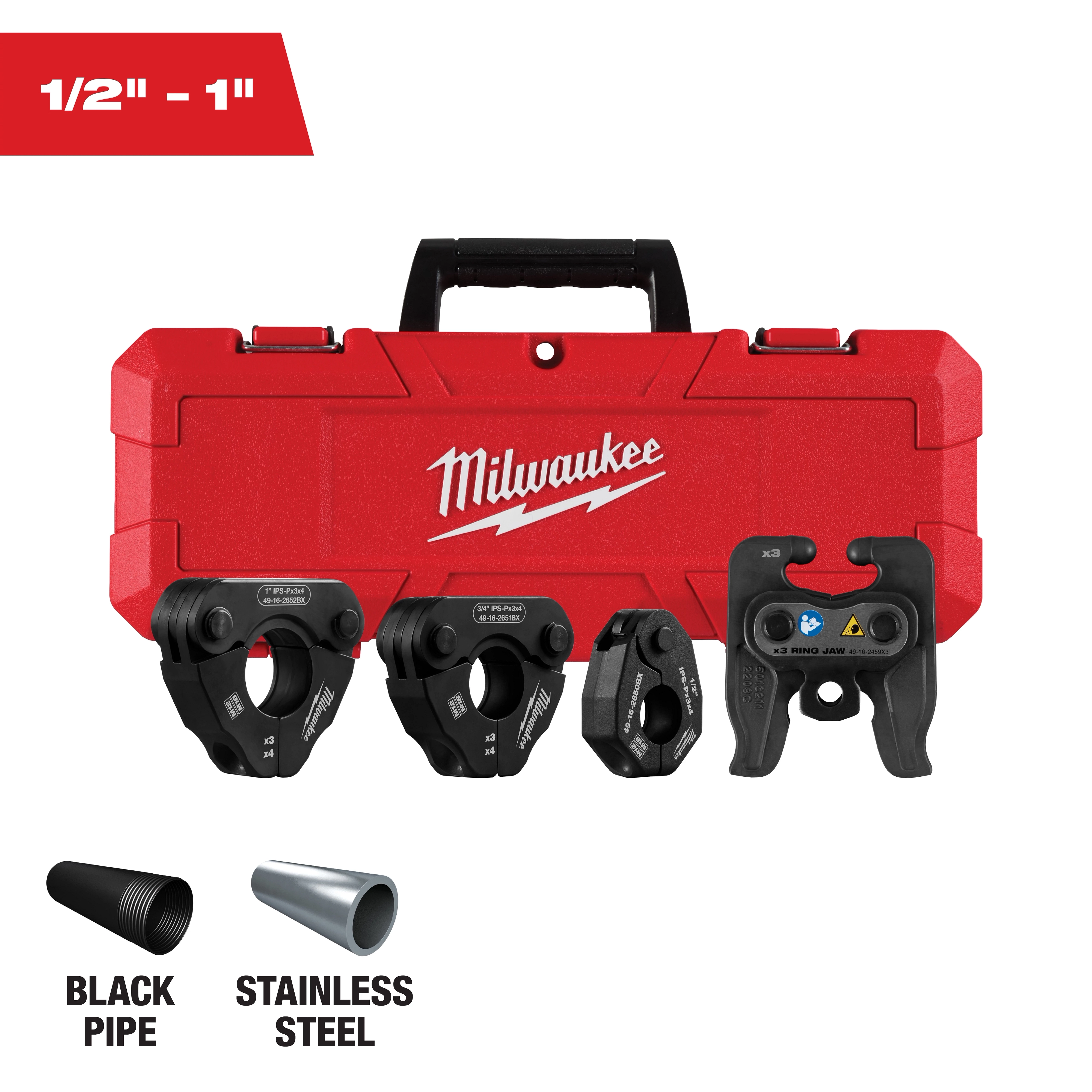 Red Milwaukee case with four metal pipe pressing jaws for different sizes, ranging from 1/2 inch to 1 inch. Image includes icons indicating the jaws' use on black pipe and stainless steel.