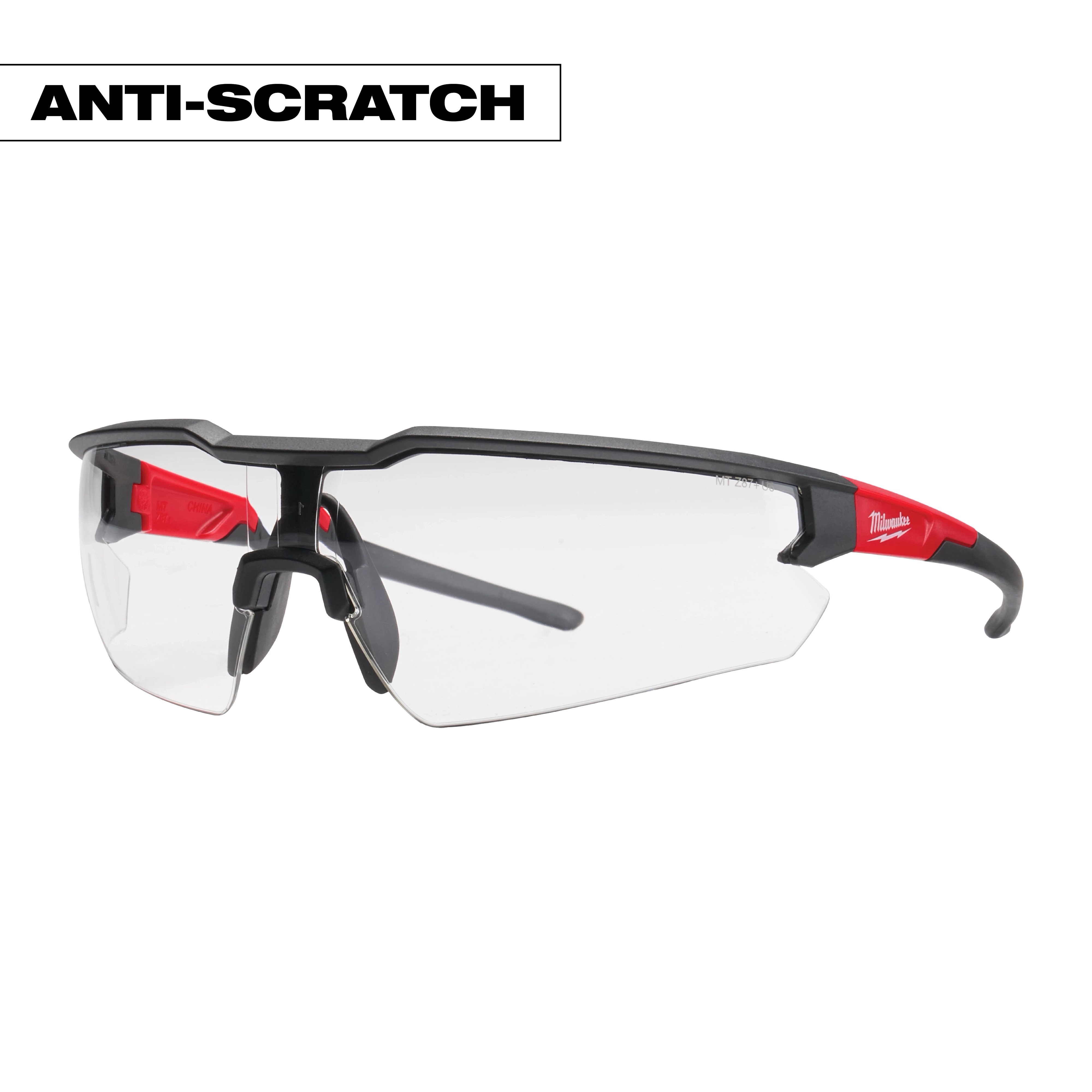 Safety Glasses - Anti-Scratch Lenses (Clear) with a black frame and red accents, featuring durable clear lenses designed to prevent scratches.
