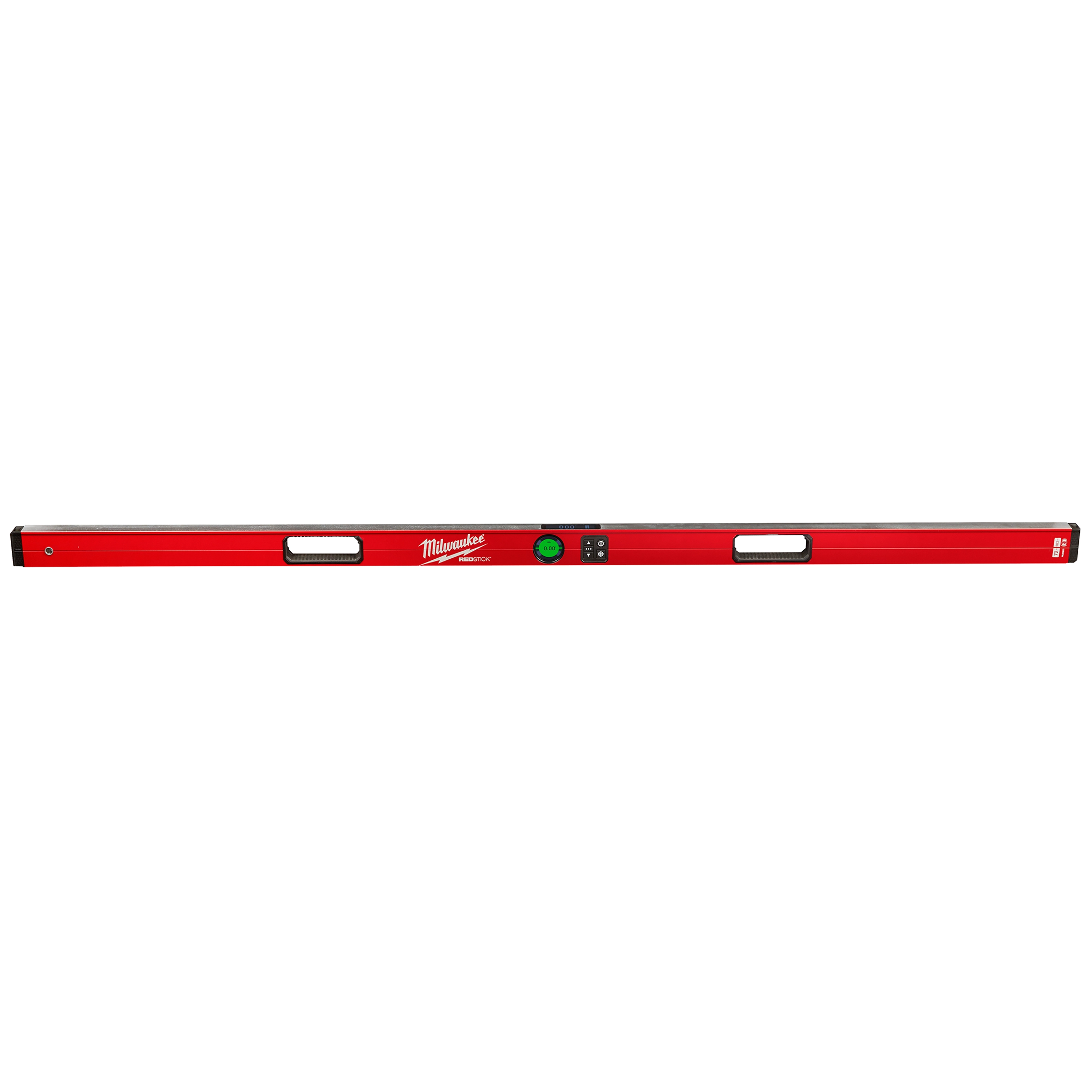 Milwaukee REDSTICK Digital Level with PINPOINT Measurement Technology features a red body, a digital display, and two handles.