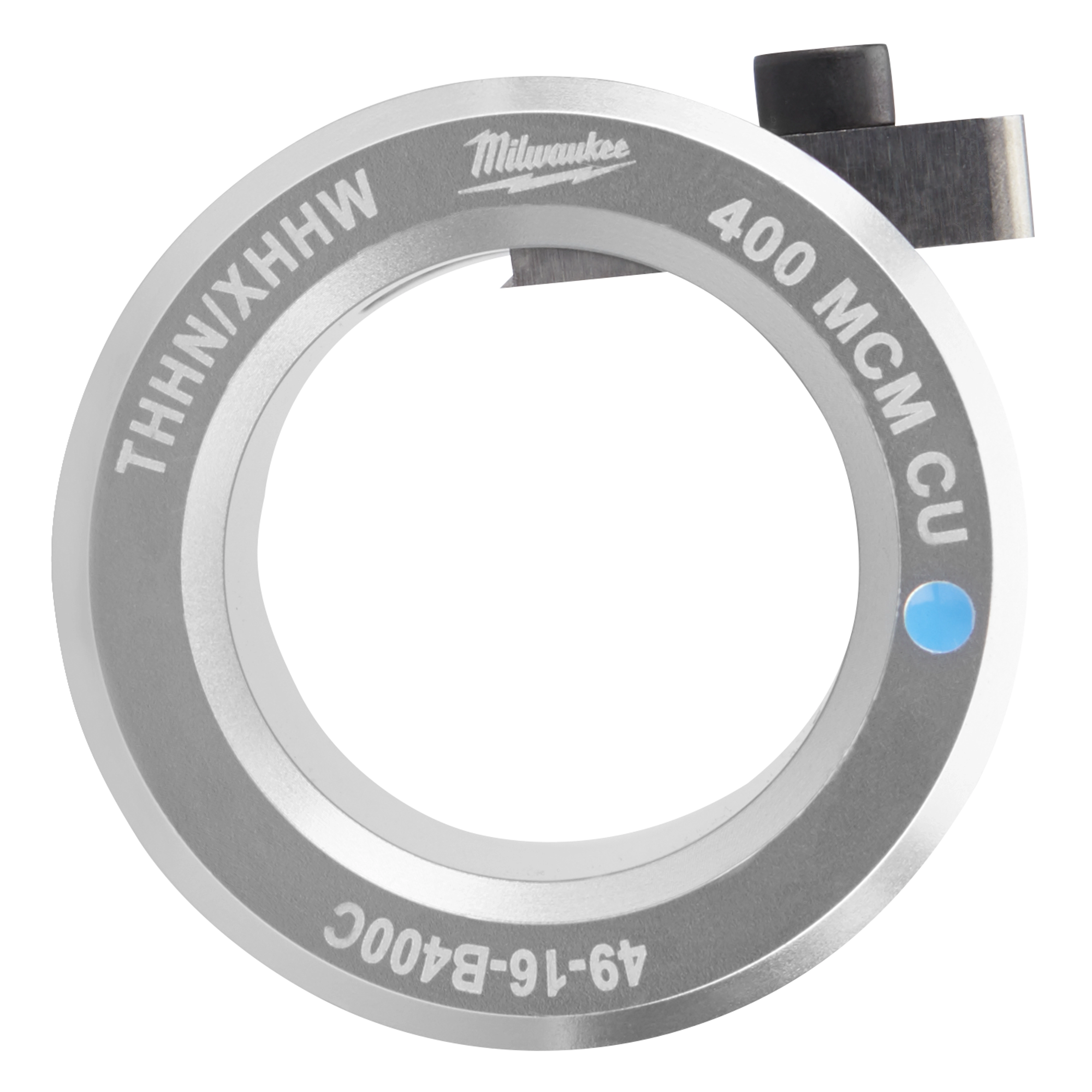 400 MCM Cu THHN/XHHW Bushing in silver with text engraved on both inner and outer edges. A small black component is attached.