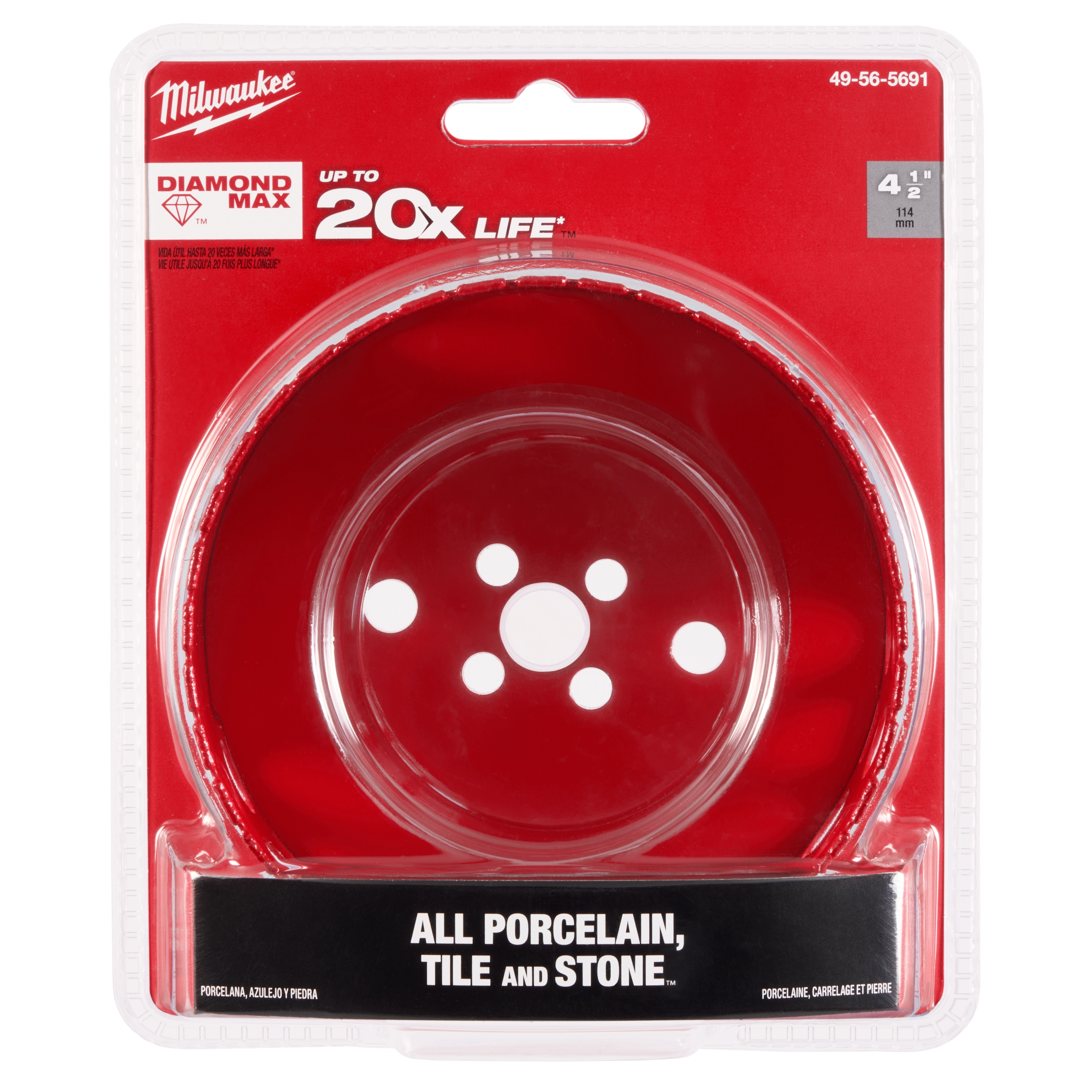 Milwaukee 4-1/2" Diamond Max Hole Saw in red packaging, designed for cutting all porcelain, tile, and stone materials.