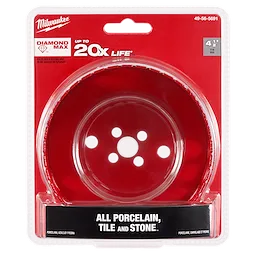 Milwaukee 4-1/2" Diamond Max Hole Saw in red packaging, designed for cutting all porcelain, tile, and stone materials.