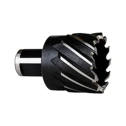HSS Annular Cutter, black with silver cutting edges, designed for drilling holes in metal. Features a cylindrical shank for attachment.