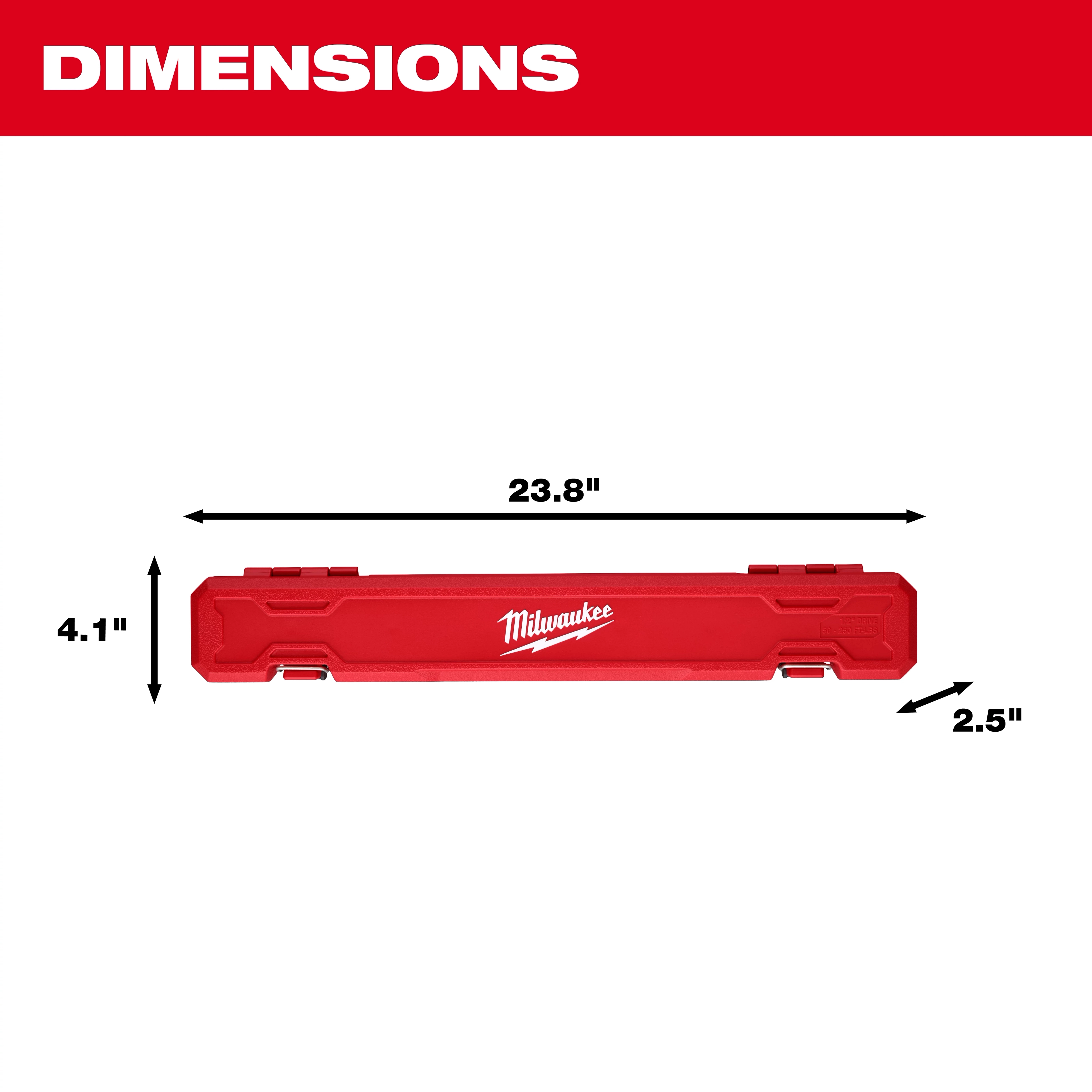 Red case of the 1/2" Drive Click Torque Wrench (50-250 ft·lbf) with dimensions: 25.4" long, 4" wide, and 2.5" high.