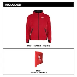 M12™ Heated Hoodie in red with black accents and a front zip, accompanied by an M12™ power supply. Product name and description include "M12™ Heated Hoodie."