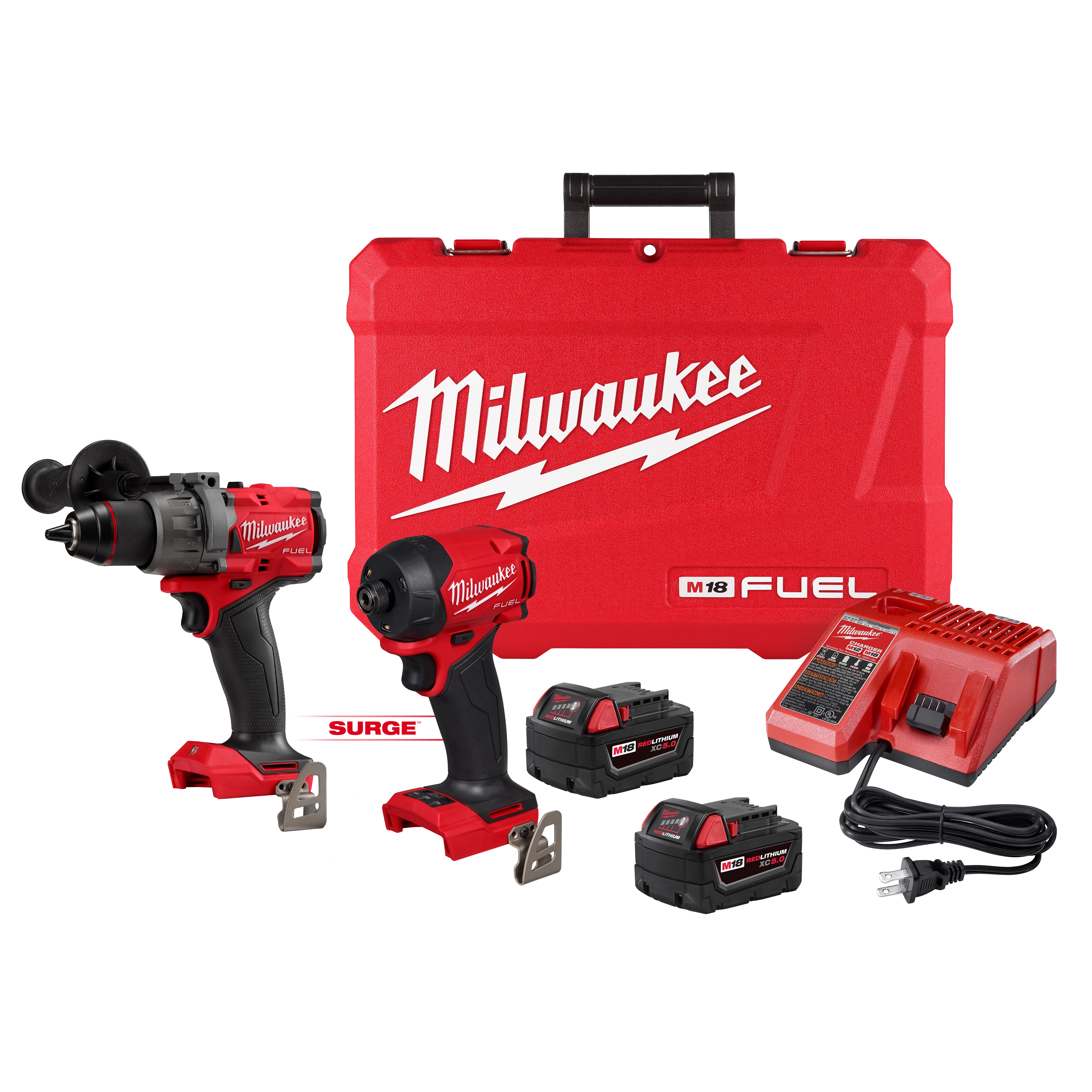 The M18 FUEL 2-Tool Combo Kit features a red Milwaukee hard case, a hammer drill, an impact driver, two batteries, and a battery charger. The tools are black and red with Milwaukee branding.