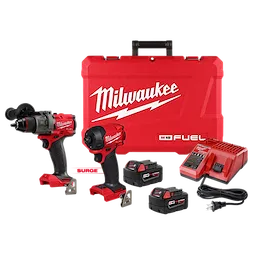 The M18 FUEL 2-Tool Combo Kit features a red Milwaukee hard case, a hammer drill, an impact driver, two batteries, and a battery charger. The tools are black and red with Milwaukee branding.