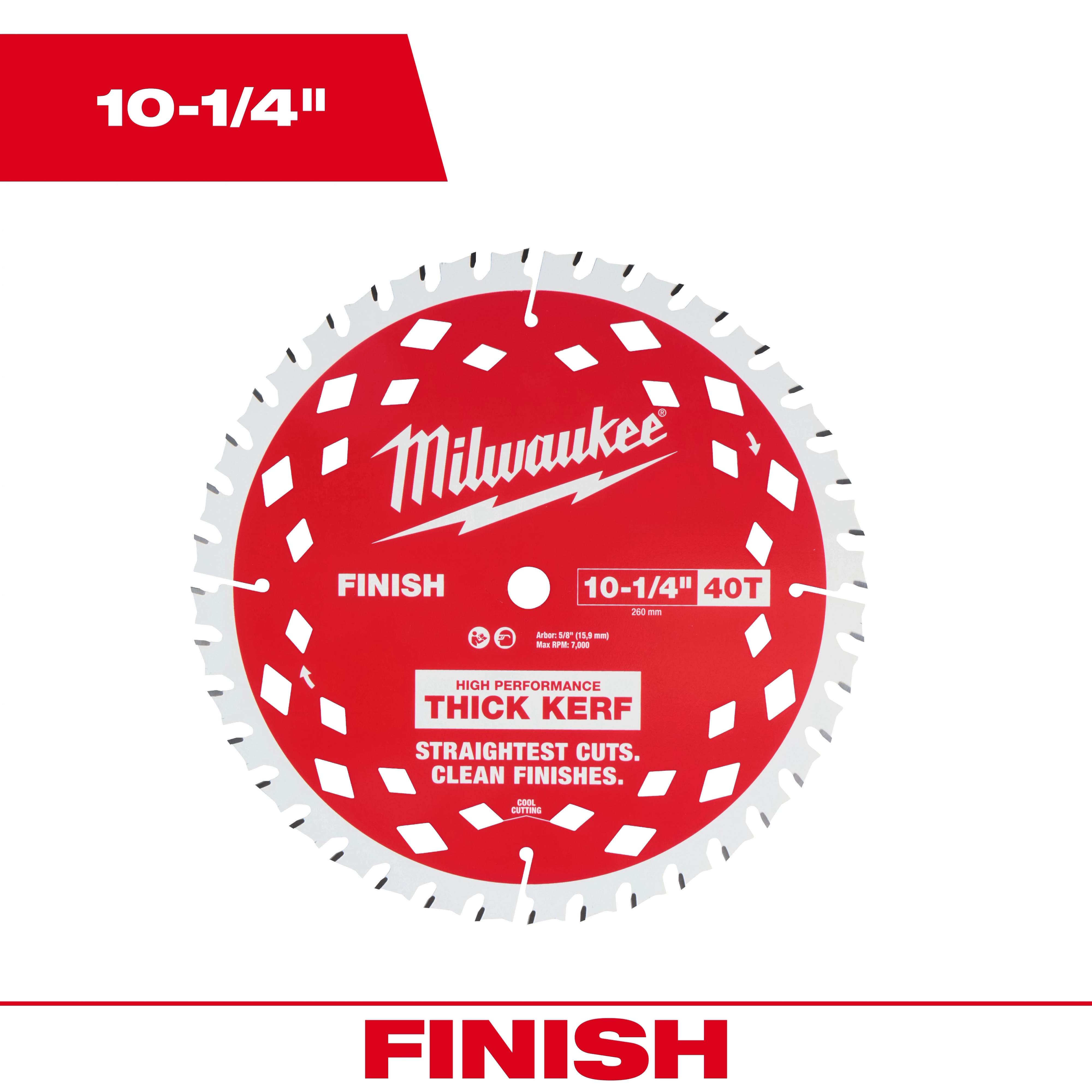 10-1/4" 40T Thick Kerf Finish Circular Saw Blade with alternating teeth and printed text on a plain background.