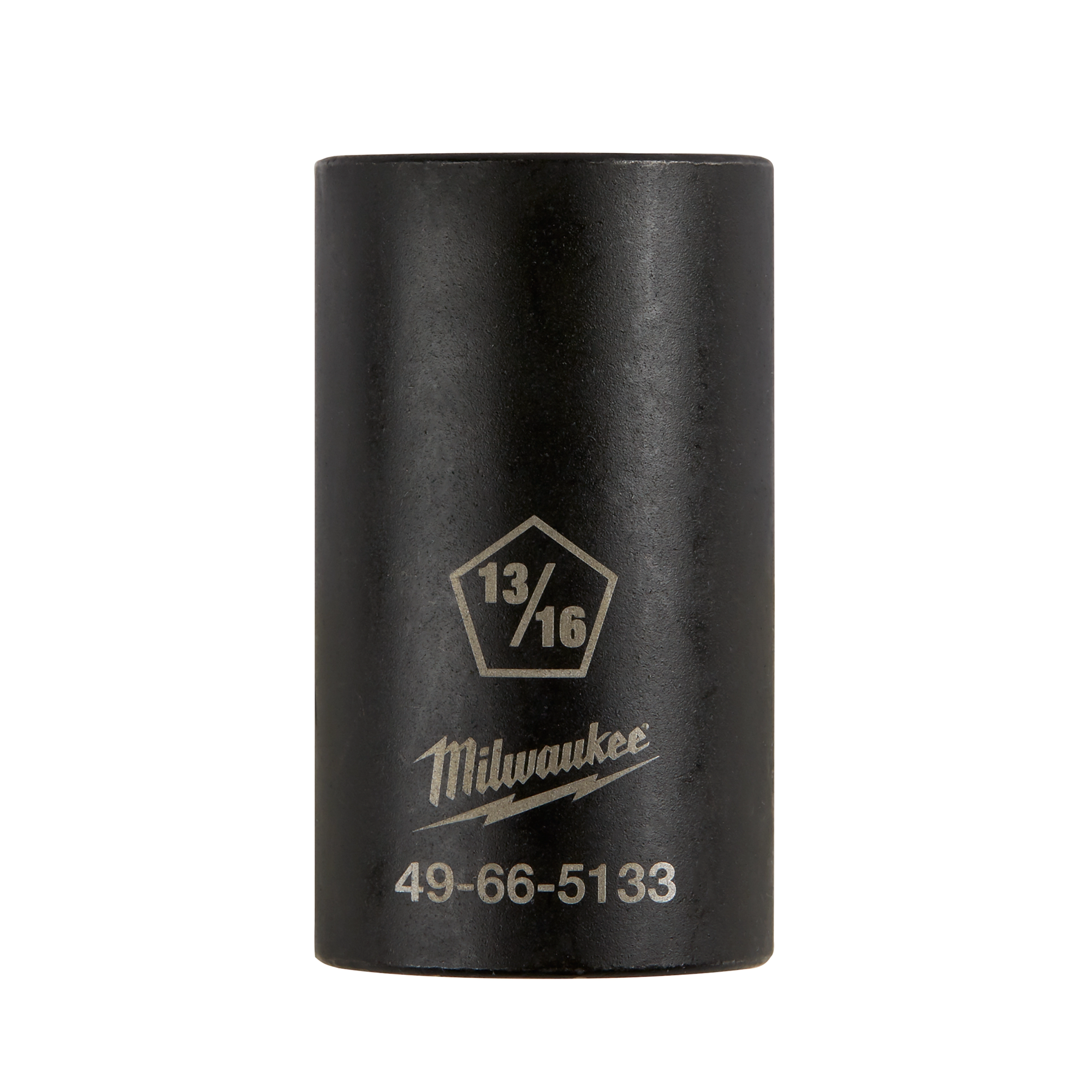 Black Power Utility Socket with a size marking of 13/16 and brand name Milwaukee etched on the side. The model number 49-66-5133 is also visible underneath the brand name. The socket has a cylindrical shape with a smooth finish.