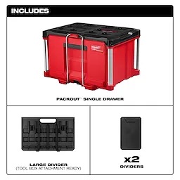 PACKOUT Single Drawer Tool Box with large divider and two smaller dividers displayed on a white background.