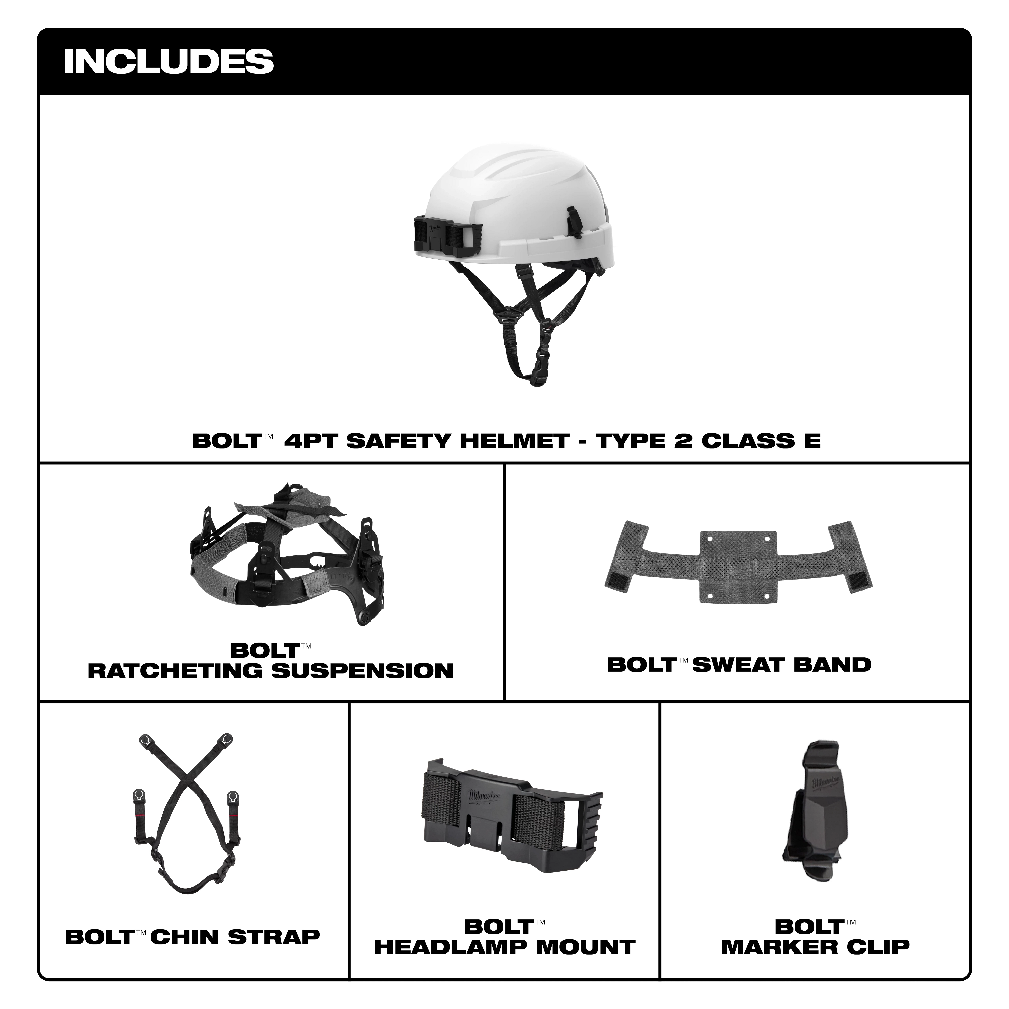 BOLT 4PT Safety Helmet - Type 2, Class E, includes ratcheting suspension, sweatband, chin strap, headlamp mount, and marker clip.