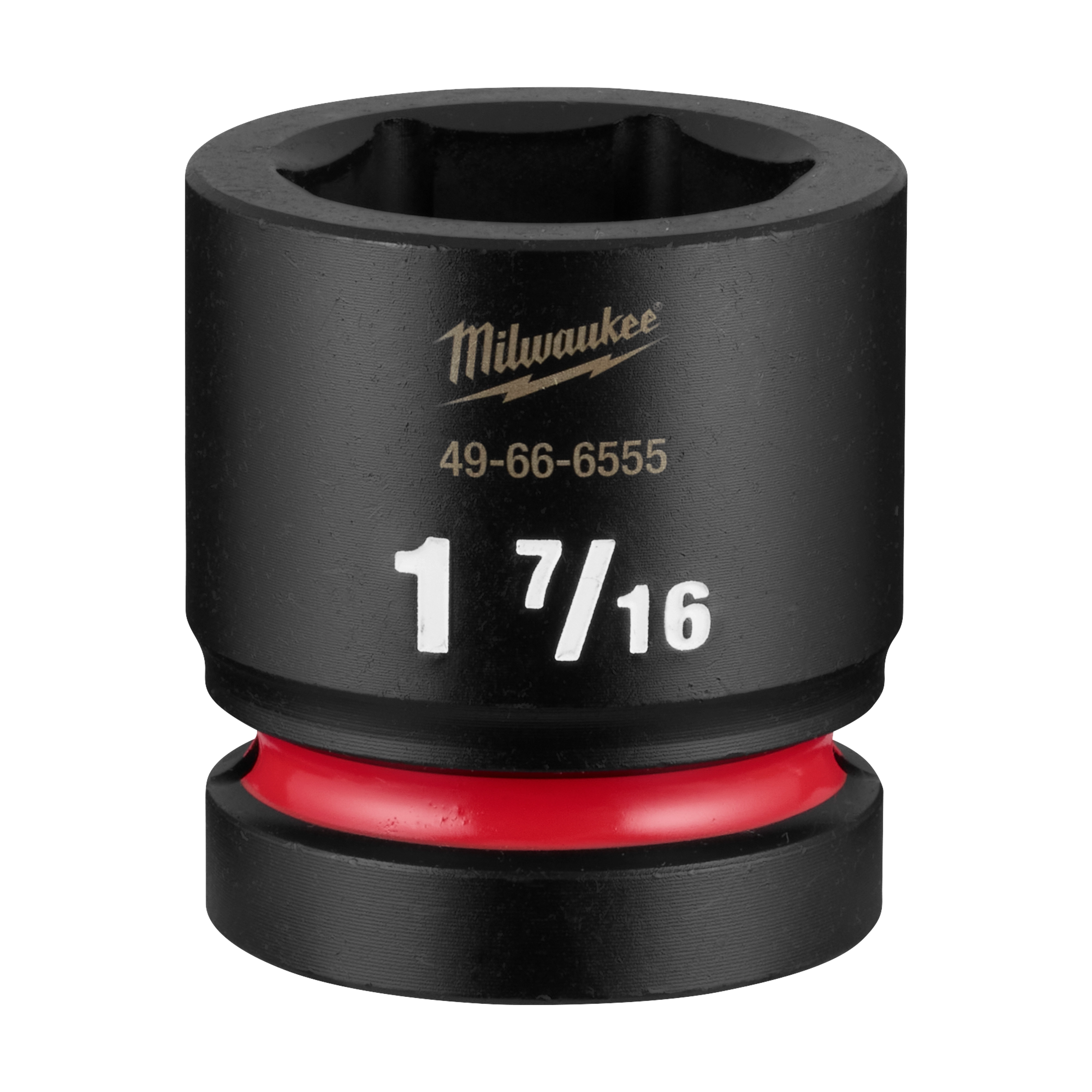 Black SHOCKWAVE Impact Duty 1" Drive 1-7/16" Standard 6 Point Socket with a red ring near the base.