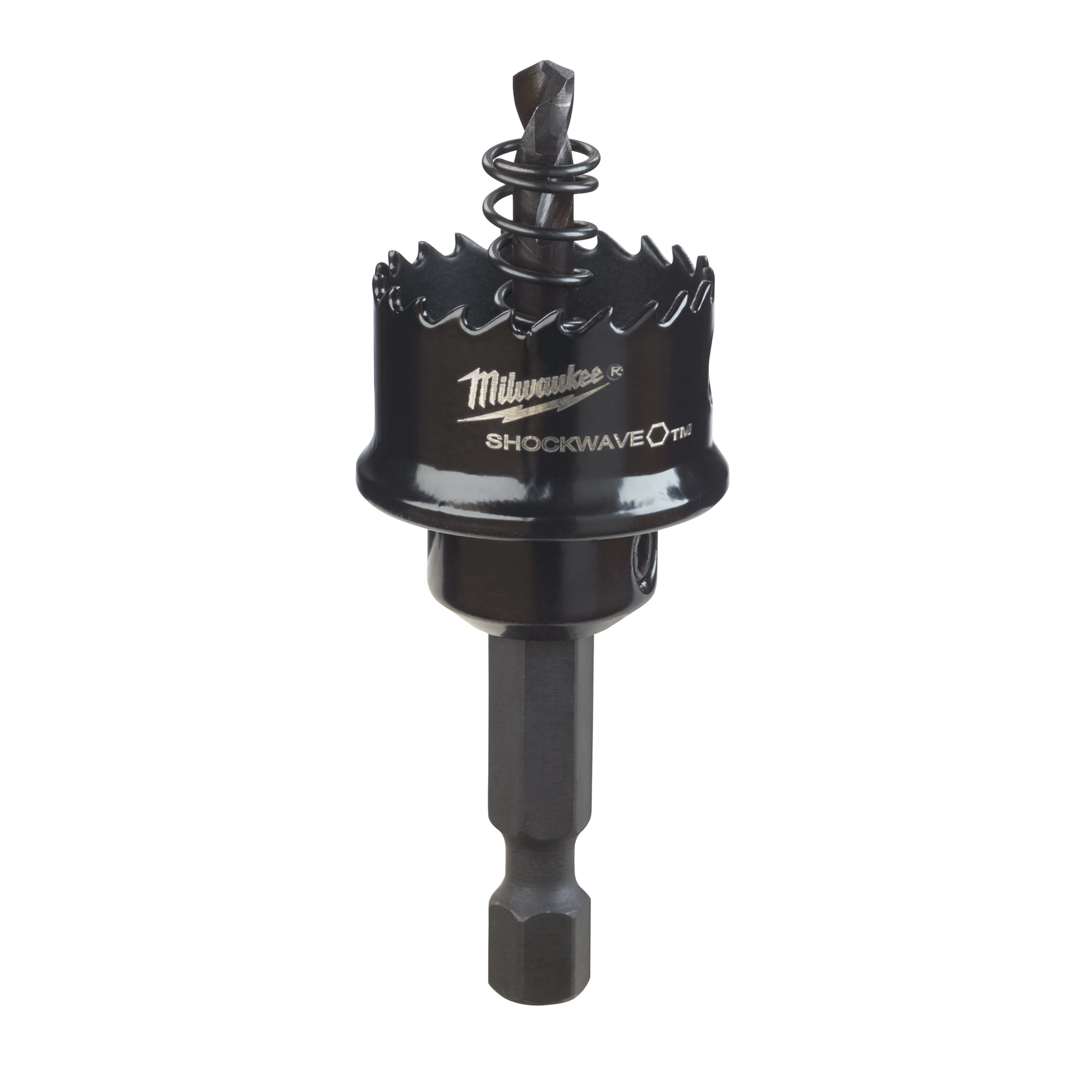 Milwaukee Shockwave hole saw bit with spring-loaded pilot on a white background.