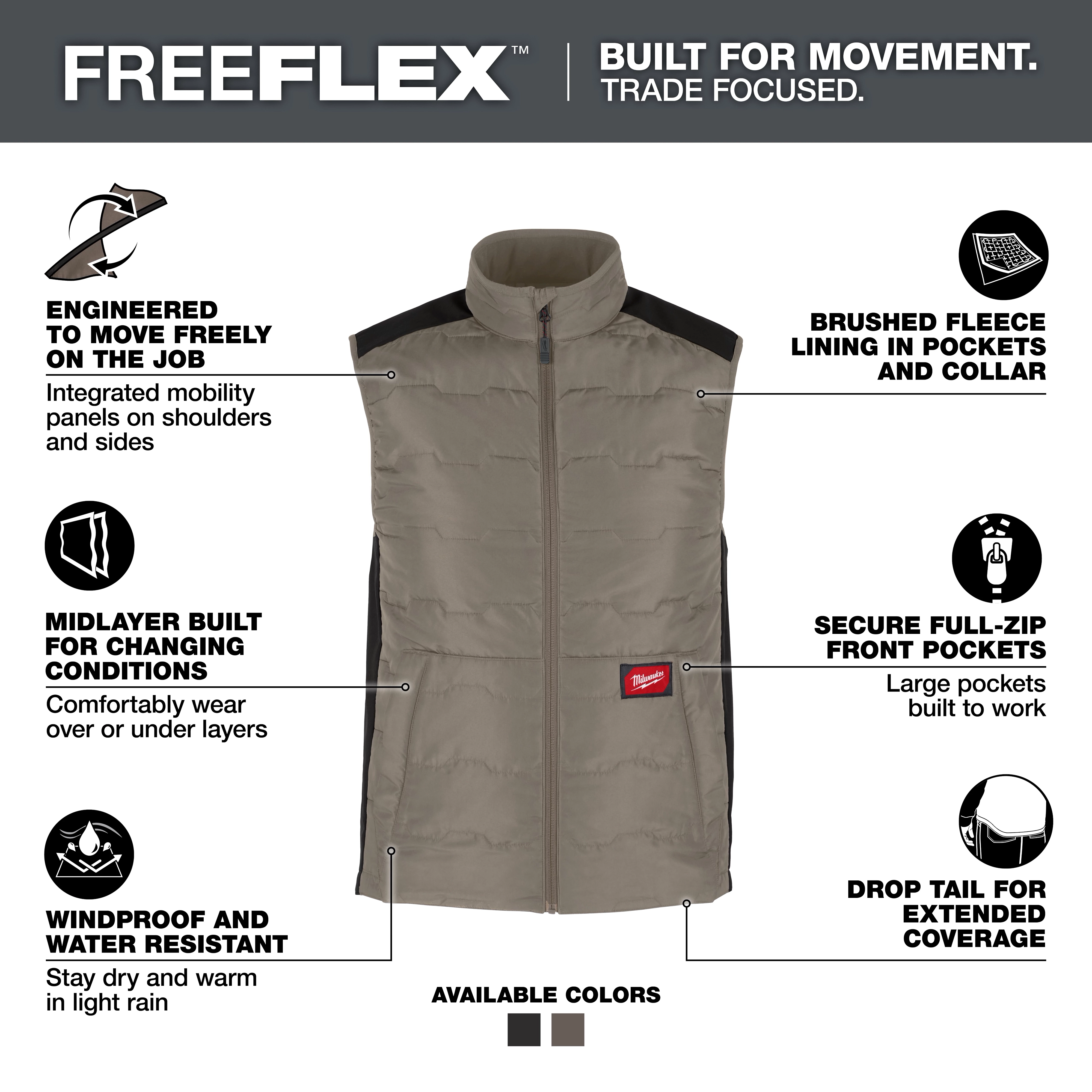 FREEFLEX™ Lightweight Insulated Vest Brown features integrated mobility panels, brushed fleece lining in pockets and collar, windproof and water-resistant fabric, secure full-zip front pockets, a drop tail for extended coverage, and can be worn as a midlayer. It is engineered for job site movement. Available in brown and gray.