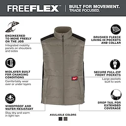FREEFLEX™ Lightweight Insulated Vest Brown features integrated mobility panels, brushed fleece lining in pockets and collar, windproof and water-resistant fabric, secure full-zip front pockets, a drop tail for extended coverage, and can be worn as a midlayer. It is engineered for job site movement. Available in brown and gray.