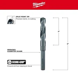 Milwaukee 48-89-2743 Walkaround drill bit with 135-degree split point tip, 3-flat Secure-Grip shank, and reduced diameter, 6-inch length.
