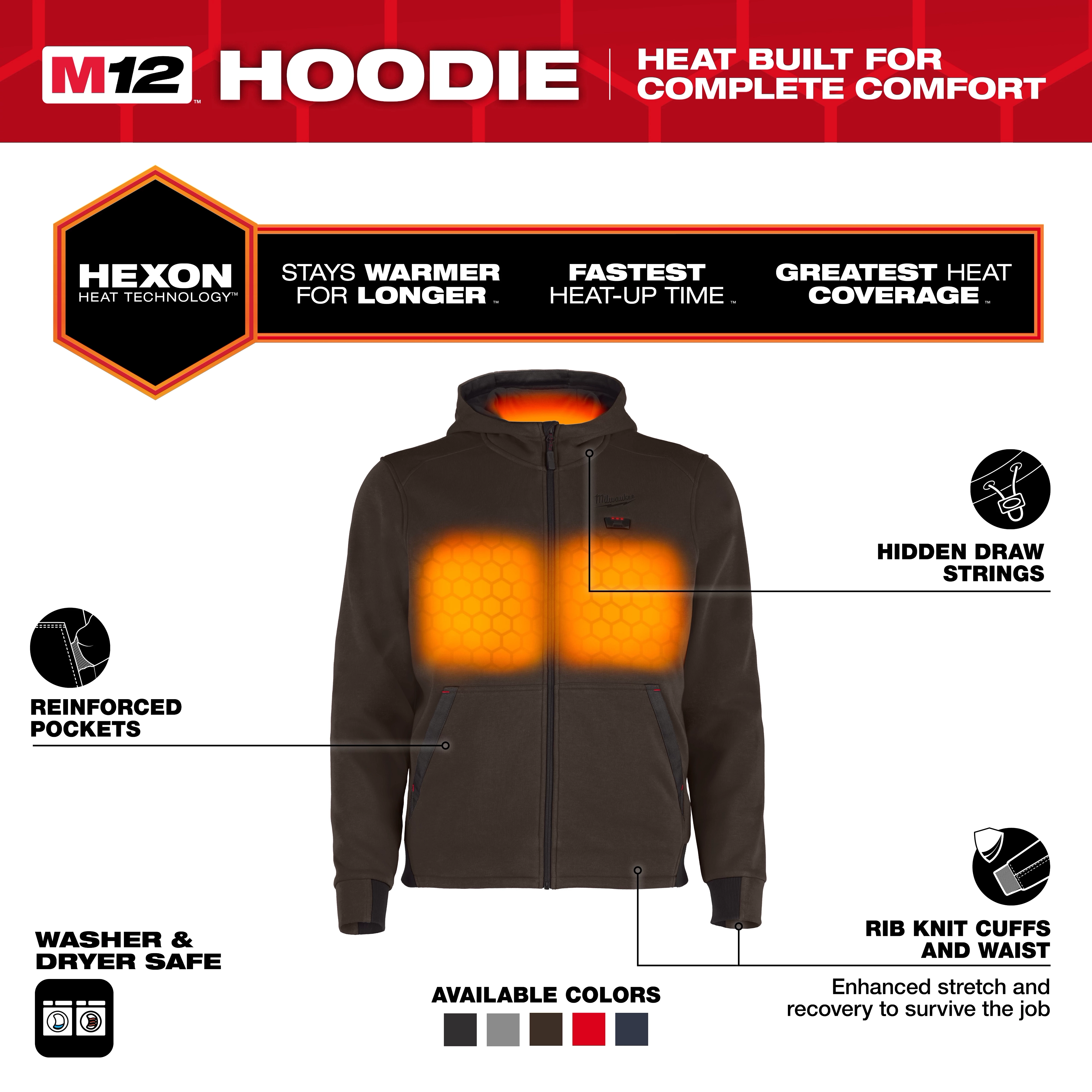 The M12™ Heated Hoodie features Hexon Heat Technology, providing warmth and rapid heat-up. It includes reinforced pockets, hidden drawstrings, and rib-knit cuffs and waist. It is washer and dryer safe and available in multiple colors.