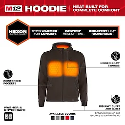The M12™ Heated Hoodie features Hexon Heat Technology, providing warmth and rapid heat-up. It includes reinforced pockets, hidden drawstrings, and rib-knit cuffs and waist. It is washer and dryer safe and available in multiple colors.