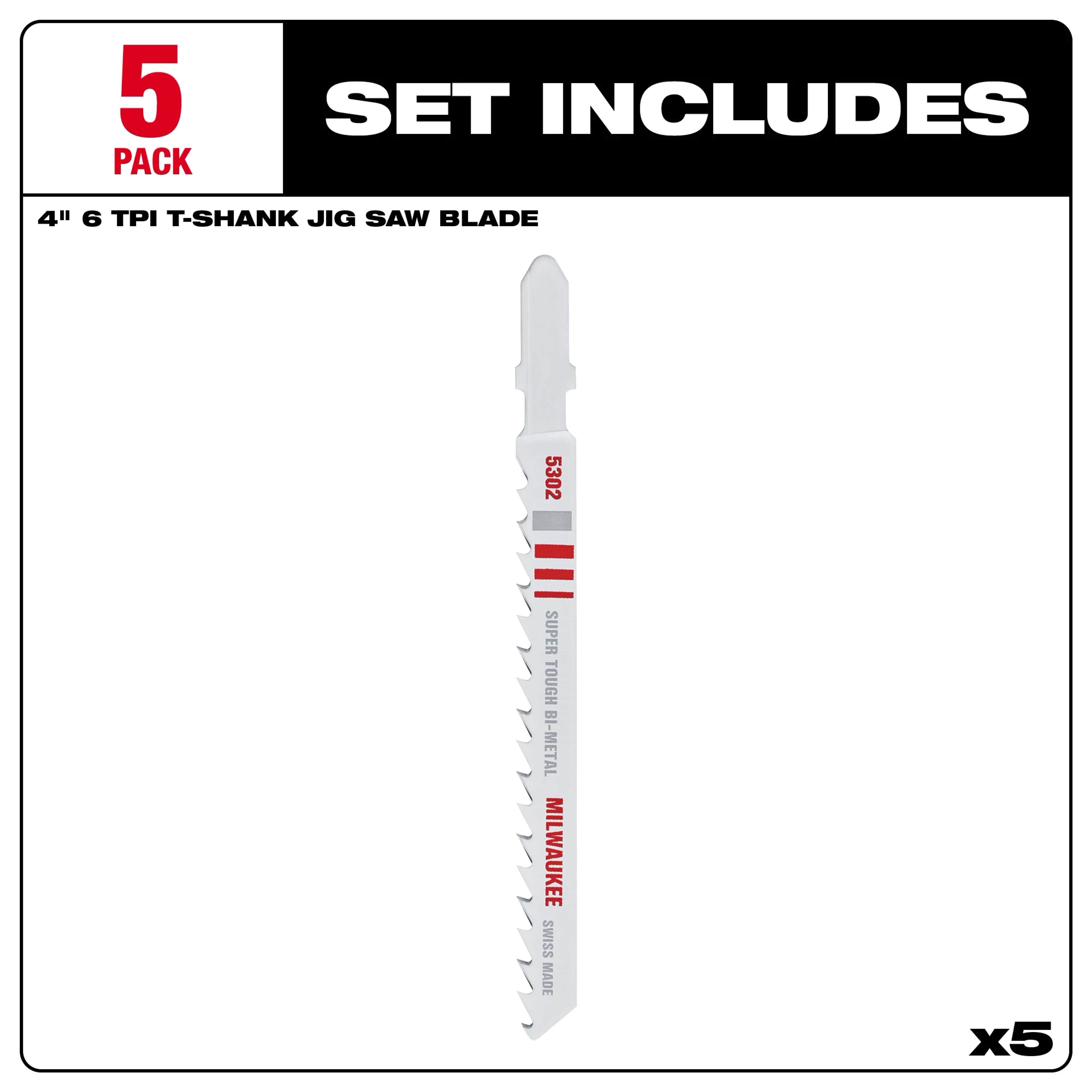 Package of five 4" 6TPI T-Shank Wood Bi-Metal Jig Saw Blades. Blades are white with red branding, designed for wood cutting.