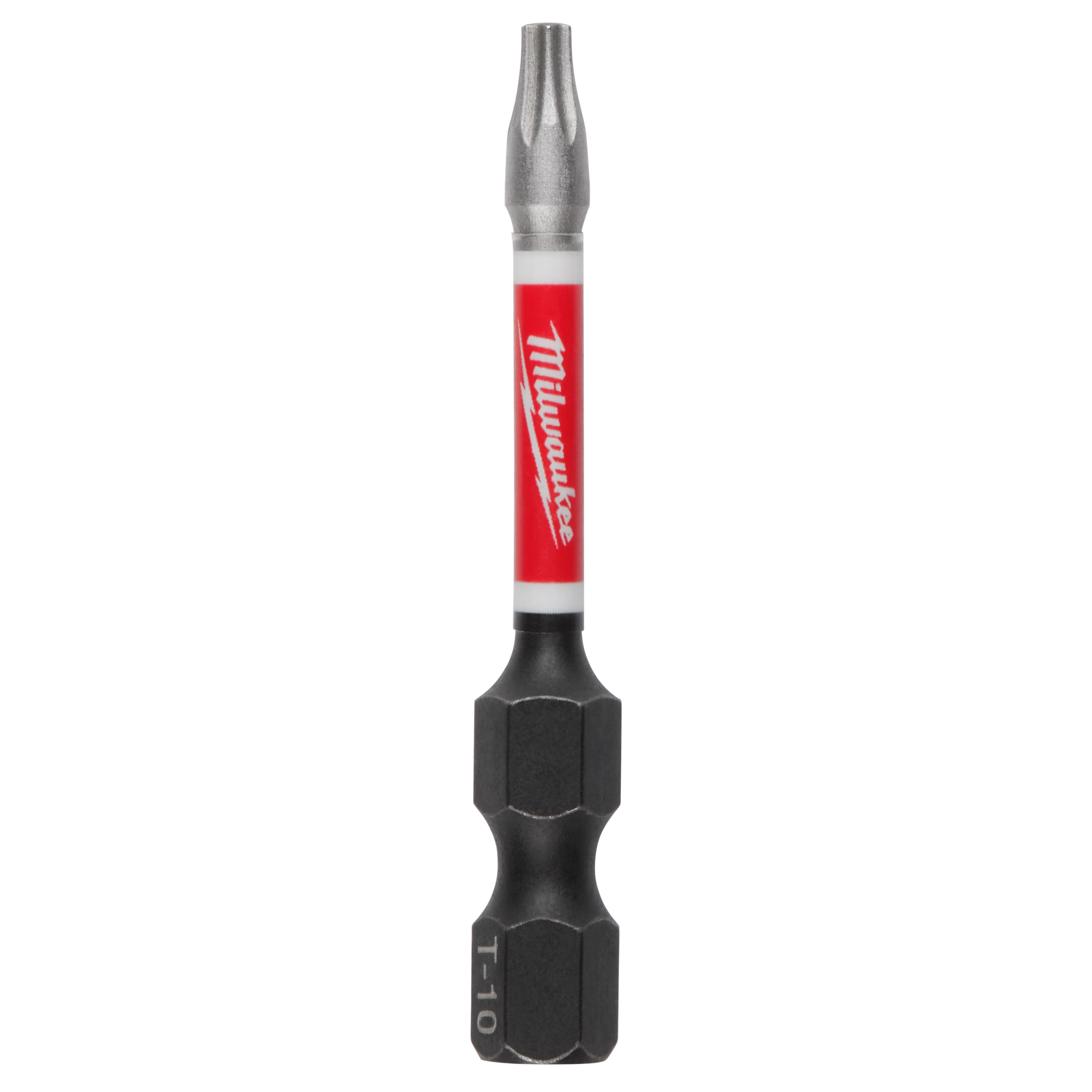 The image shows a SHOCKWAVE™ 2" Impact Duty TORX® T10 Power Bit. The bit is predominantly black with a red section labeled "Milwaukee" in white text. The bottom part displays "T-10."