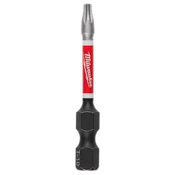 The image shows a SHOCKWAVE™ 2" Impact Duty TORX® T10 Power Bit. The bit is predominantly black with a red section labeled "Milwaukee" in white text. The bottom part displays "T-10."