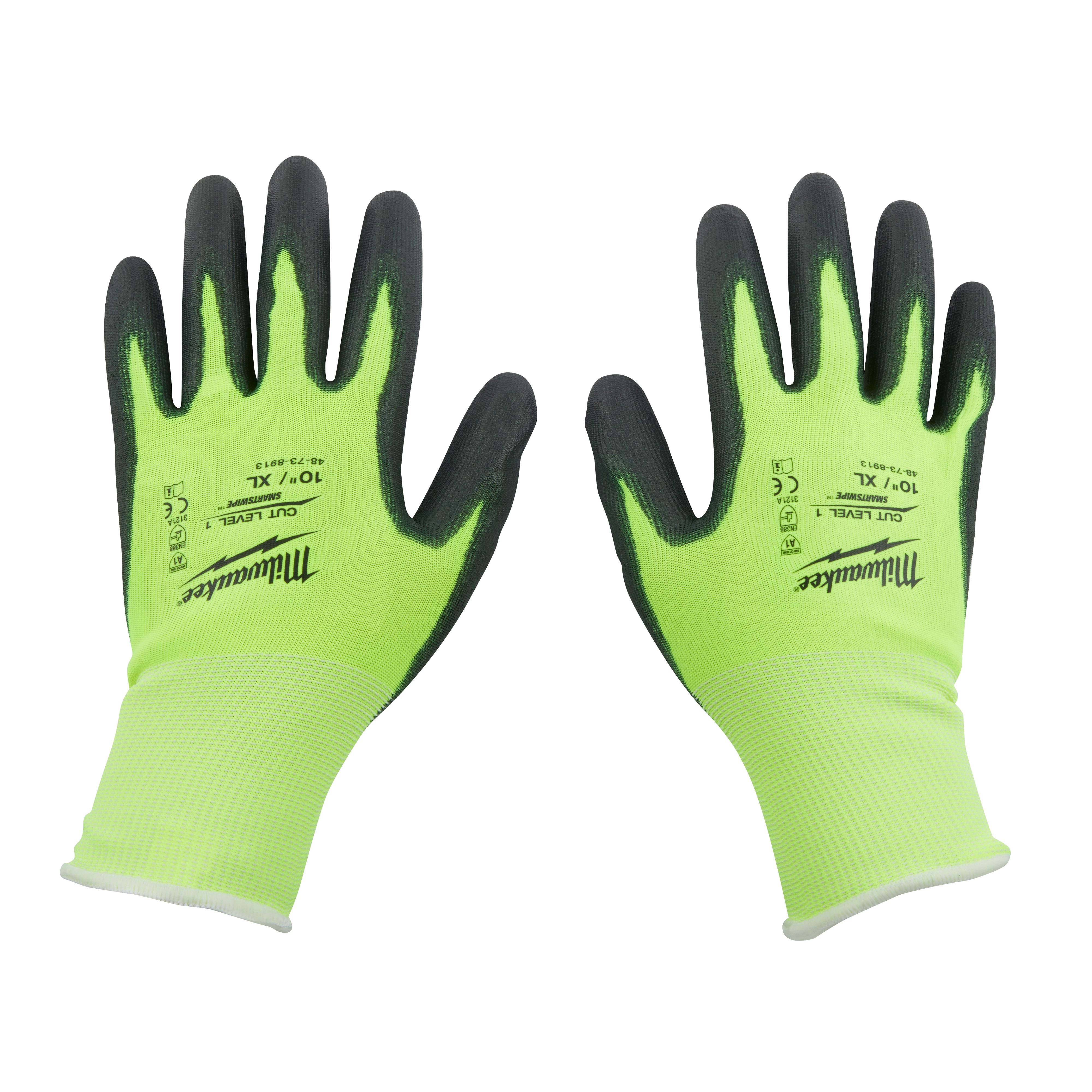 High Visibility Cut Level 1 Polyurethane Dipped Gloves in neon green with black palms and fingers, shown in a pair.