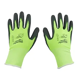 High Visibility Cut Level 1 Polyurethane Dipped Gloves in neon green with black palms and fingers, shown in a pair.