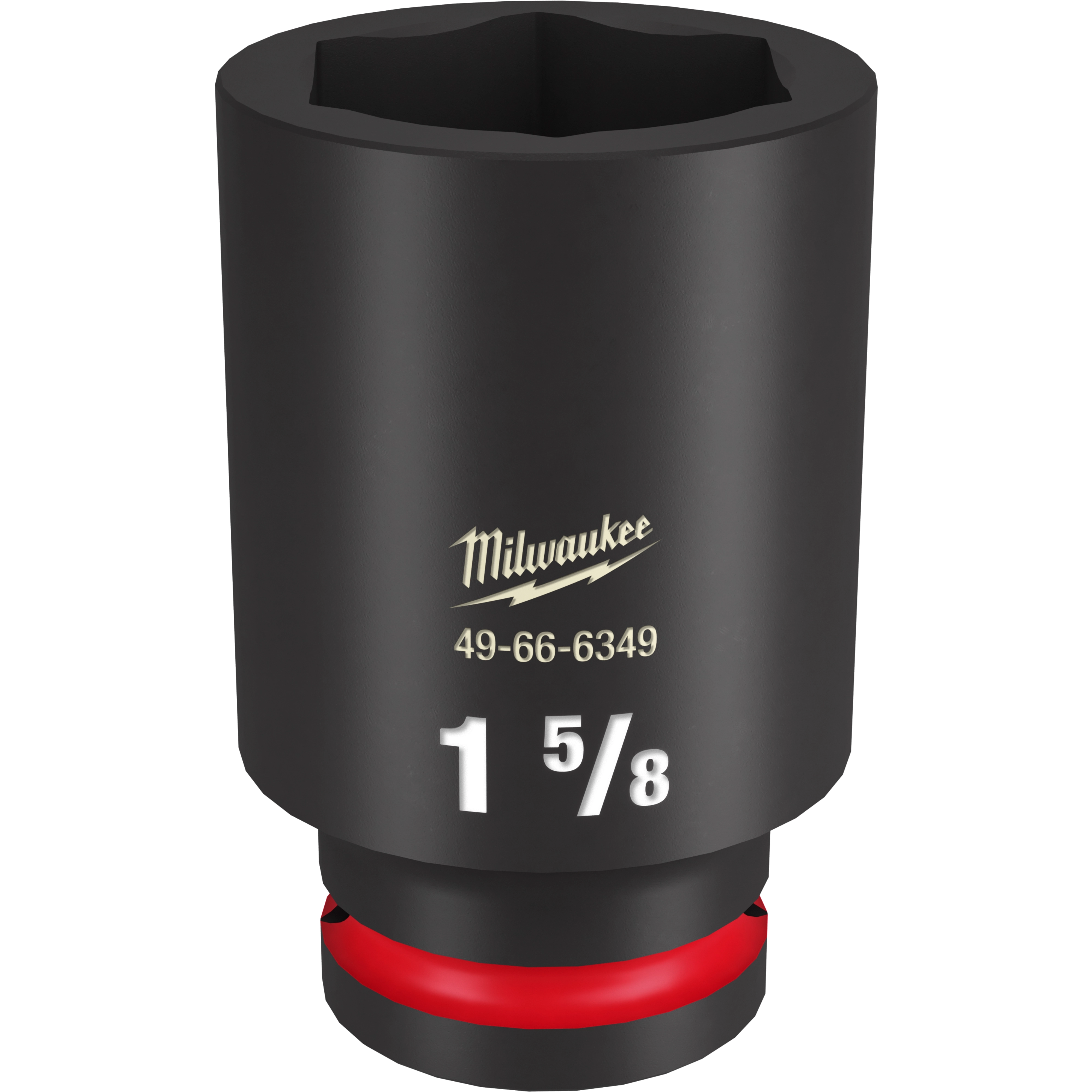The image features a black 3/4" DR 1-5/8" Deep Impact Socket with white lettering displaying "1 5/8" and the model number 49-66-6349. The socket has a red ring near the base and displays the brand name and logo in yellow.