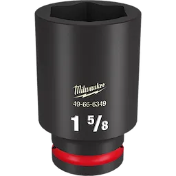 The image features a black 3/4" DR 1-5/8" Deep Impact Socket with white lettering displaying "1 5/8" and the model number 49-66-6349. The socket has a red ring near the base and displays the brand name and logo in yellow.