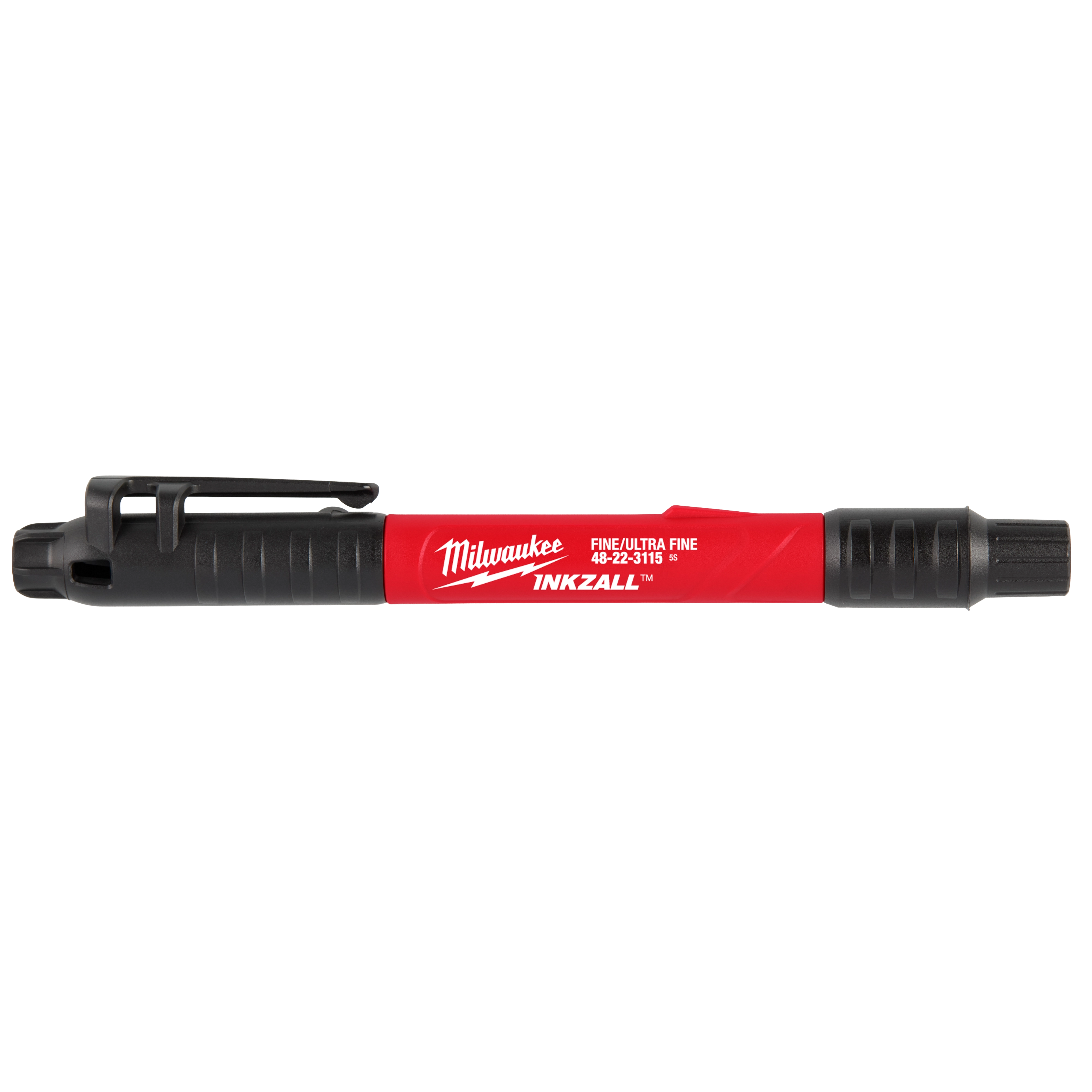 The INKZALL™ Double Sided Black Jobsite Marker – Ultra Fine & Fine Point features a red body with a white logo and text. It has black caps on both ends, each with a clip for securing the marker. One end is labeled "Ultra Fine" and the other "Fine Point."