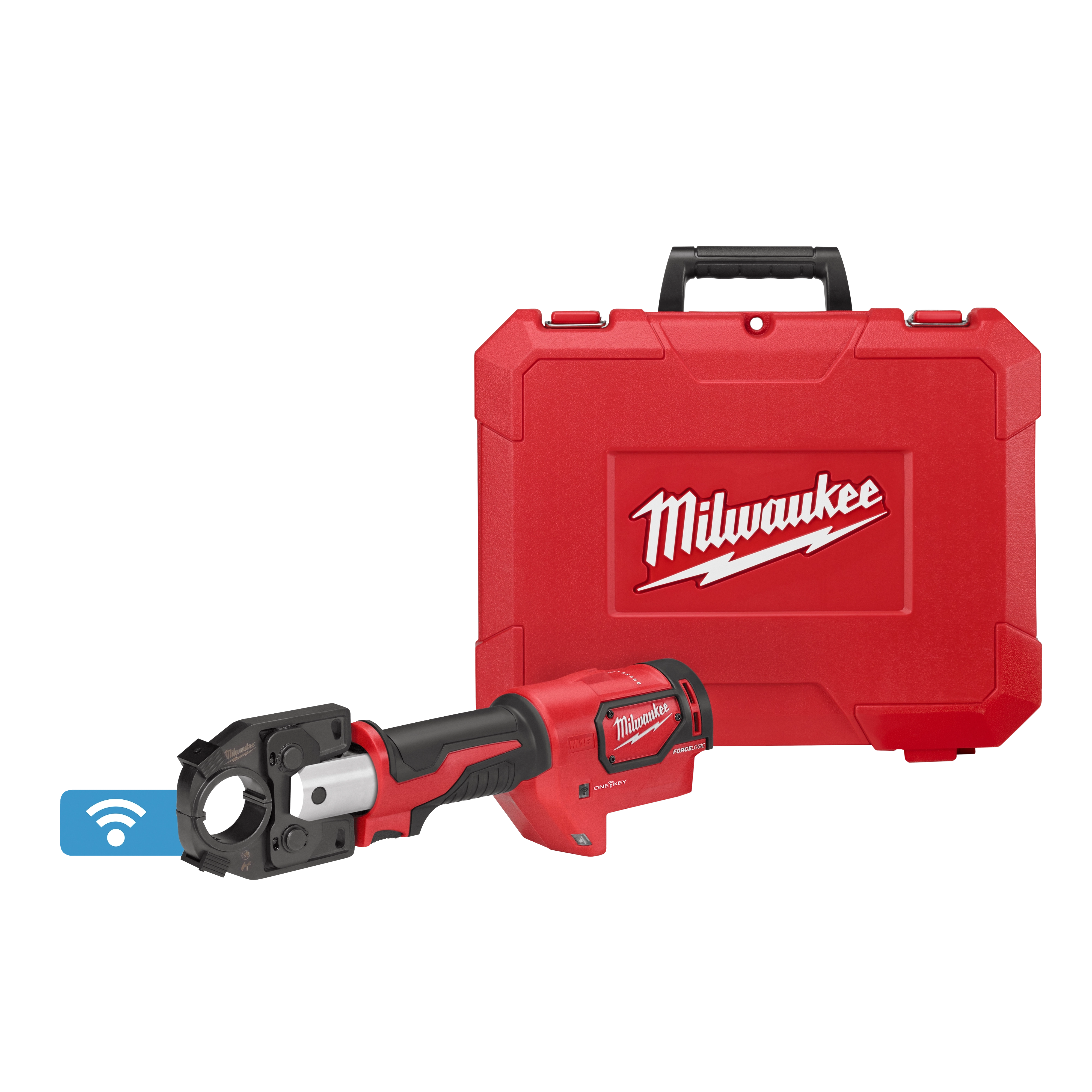 The M18™ FORCE LOGIC™ 600 MCM Crimper Kit includes a cordless crimper with a red and black handle, and a red carrying case with a handle. The case and tool both display the Milwaukee logo prominently. A small wireless connectivity icon is visible near the crimper.