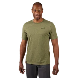 FREEFLEX Hybrid Work Tee - Short Sleeve in olive green, with a small logo on the left chest, worn by a person with grey pants.